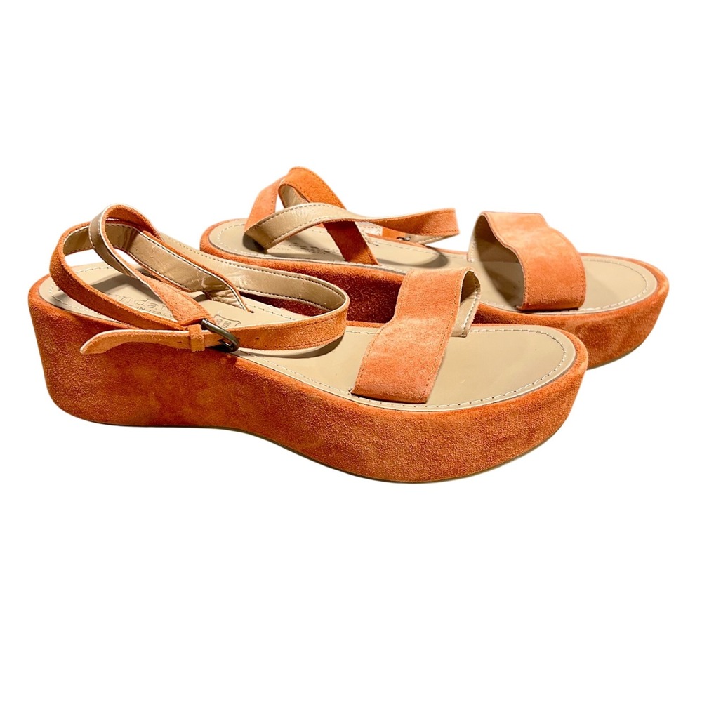 Sundance Orange Suede Platform Sandals Made in Italy Ankle Strap Wedge 8.5-9